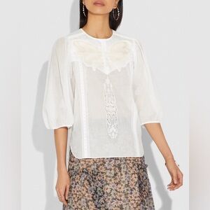 COACH Lacey Butterfly Appliqué Bohemian Top in White 100% Cotton 3/4 Sleeve